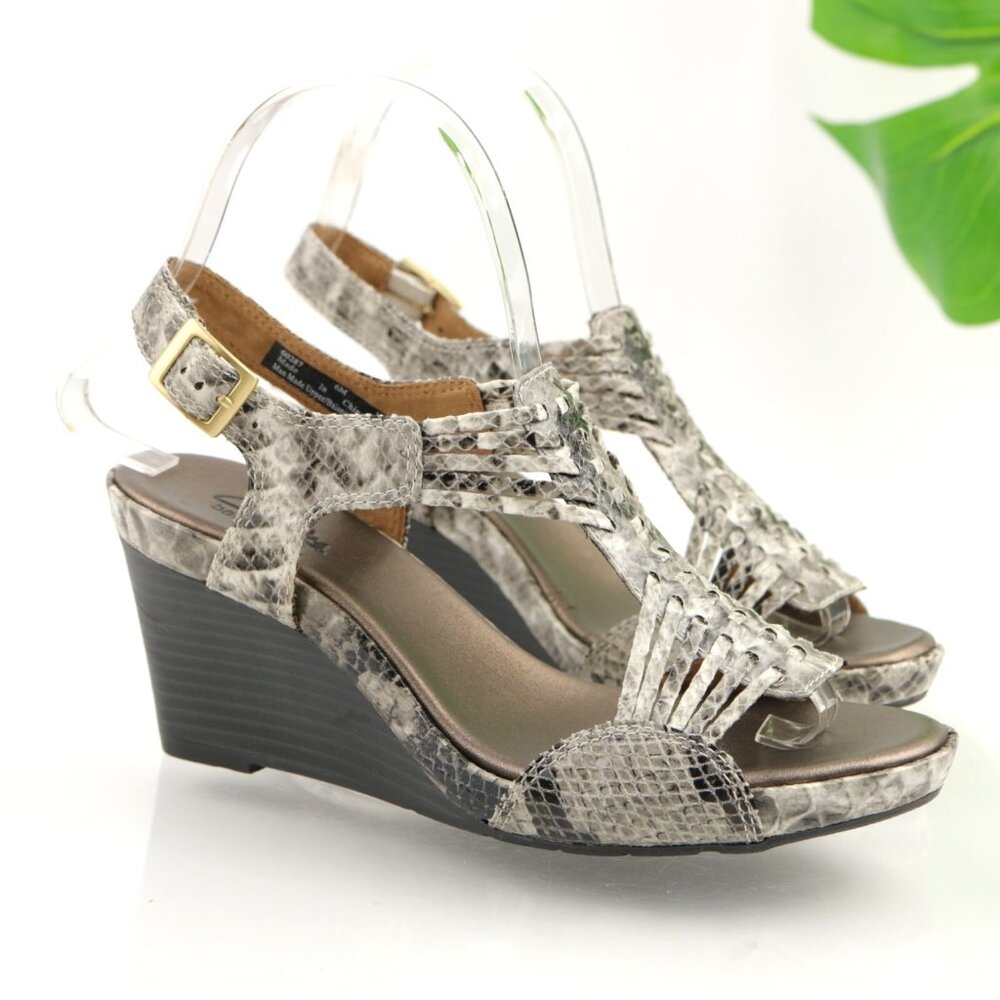 Clarks Womens Star Gaze Sandal Size 6 Gray Black Wedge Heel Slingback Dress Shoe